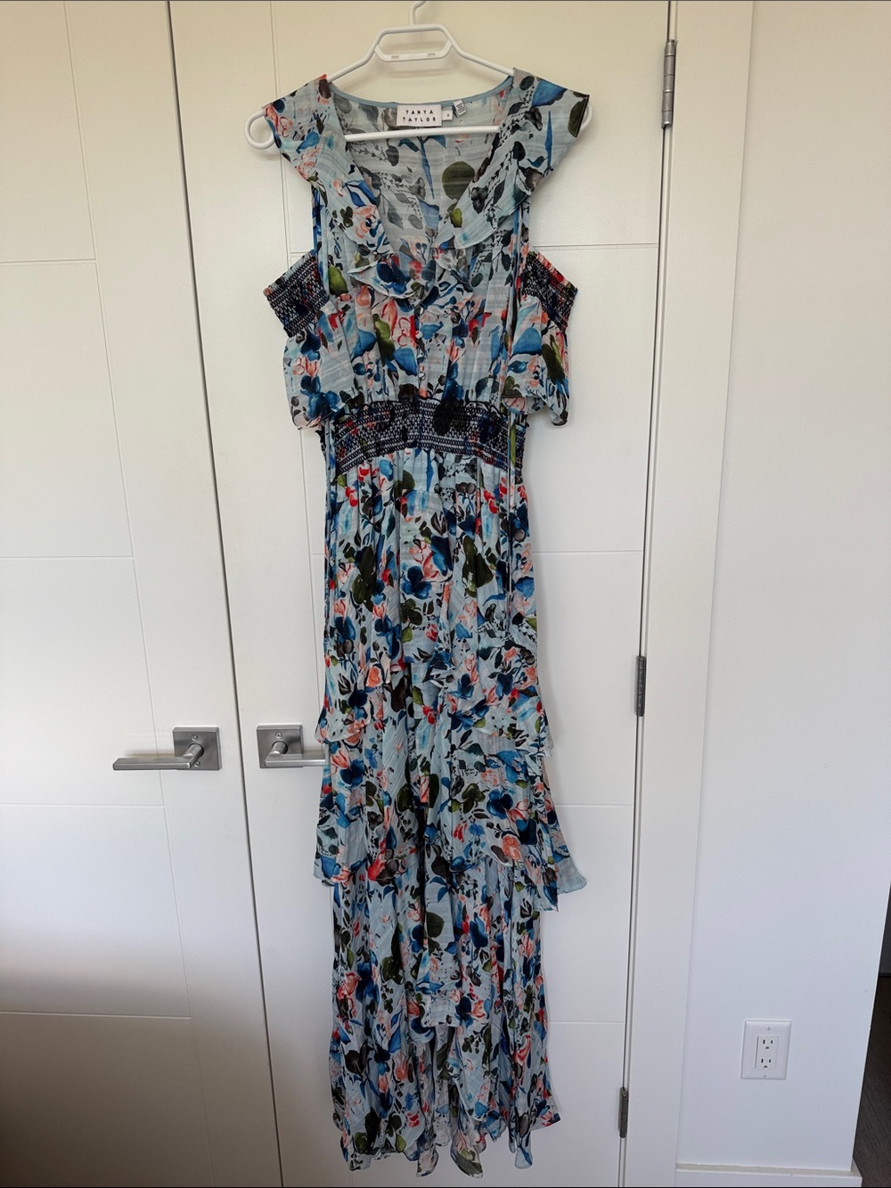 Tanya Taylor Blue Floral Ruffle Maxi Dress